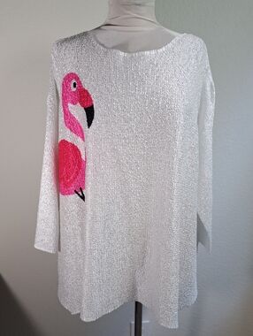 Just B Flamingo Top White Pink Flamingo Green Palm Tree Bathing Suit CoverUp O/S